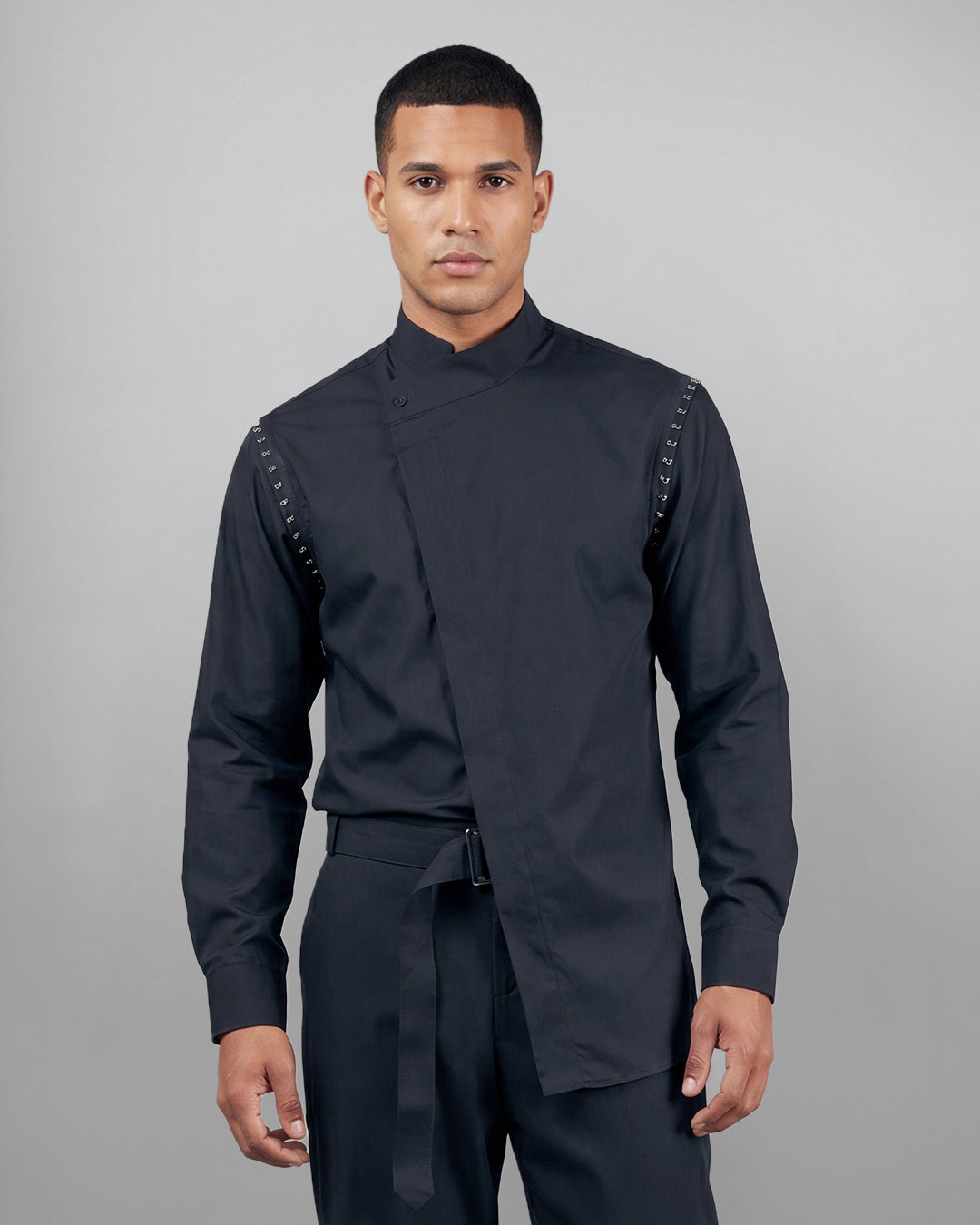 KY Asymmetrical High-Collar Black Shirt