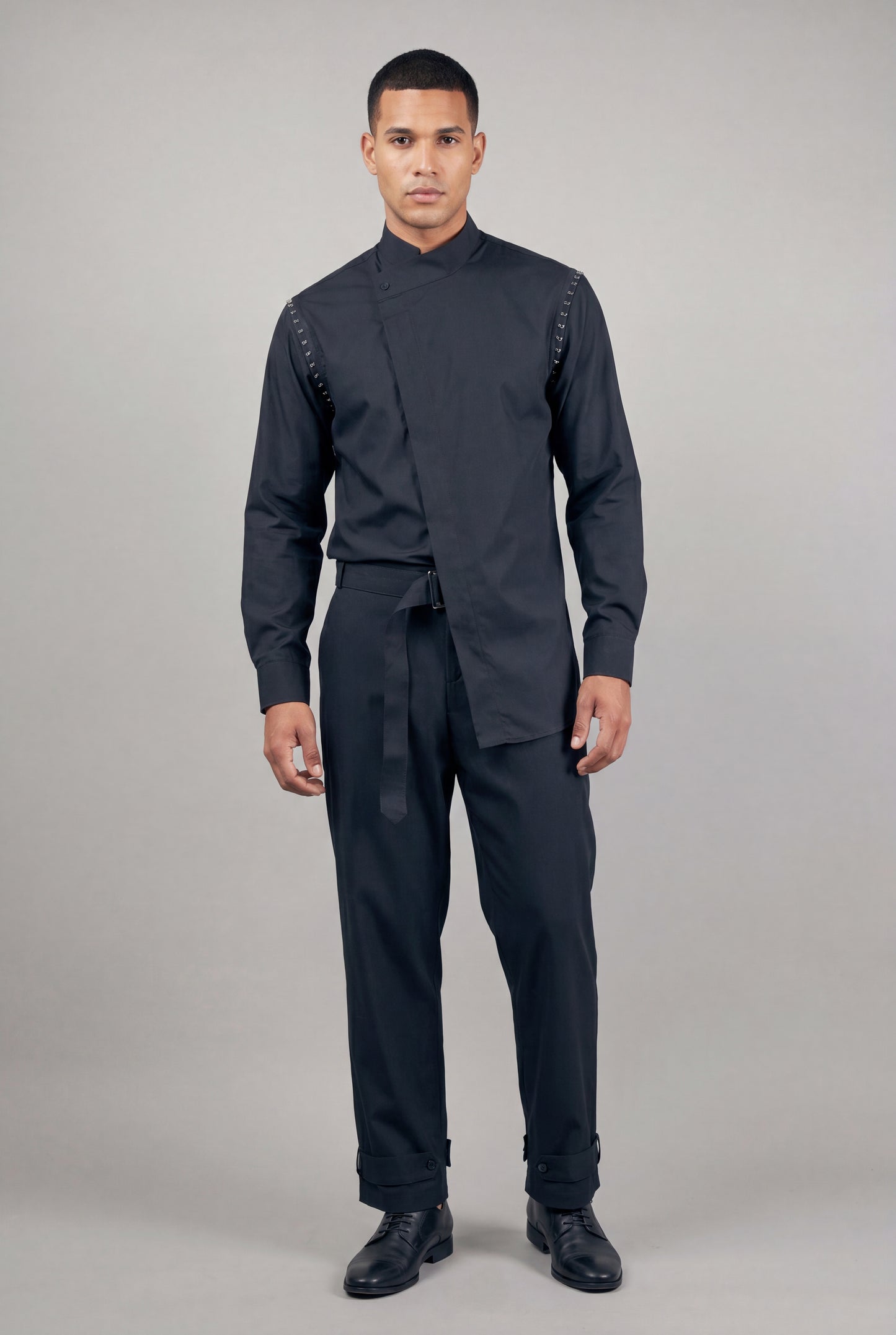 KY Asymmetrical High-Collar Black Shirt