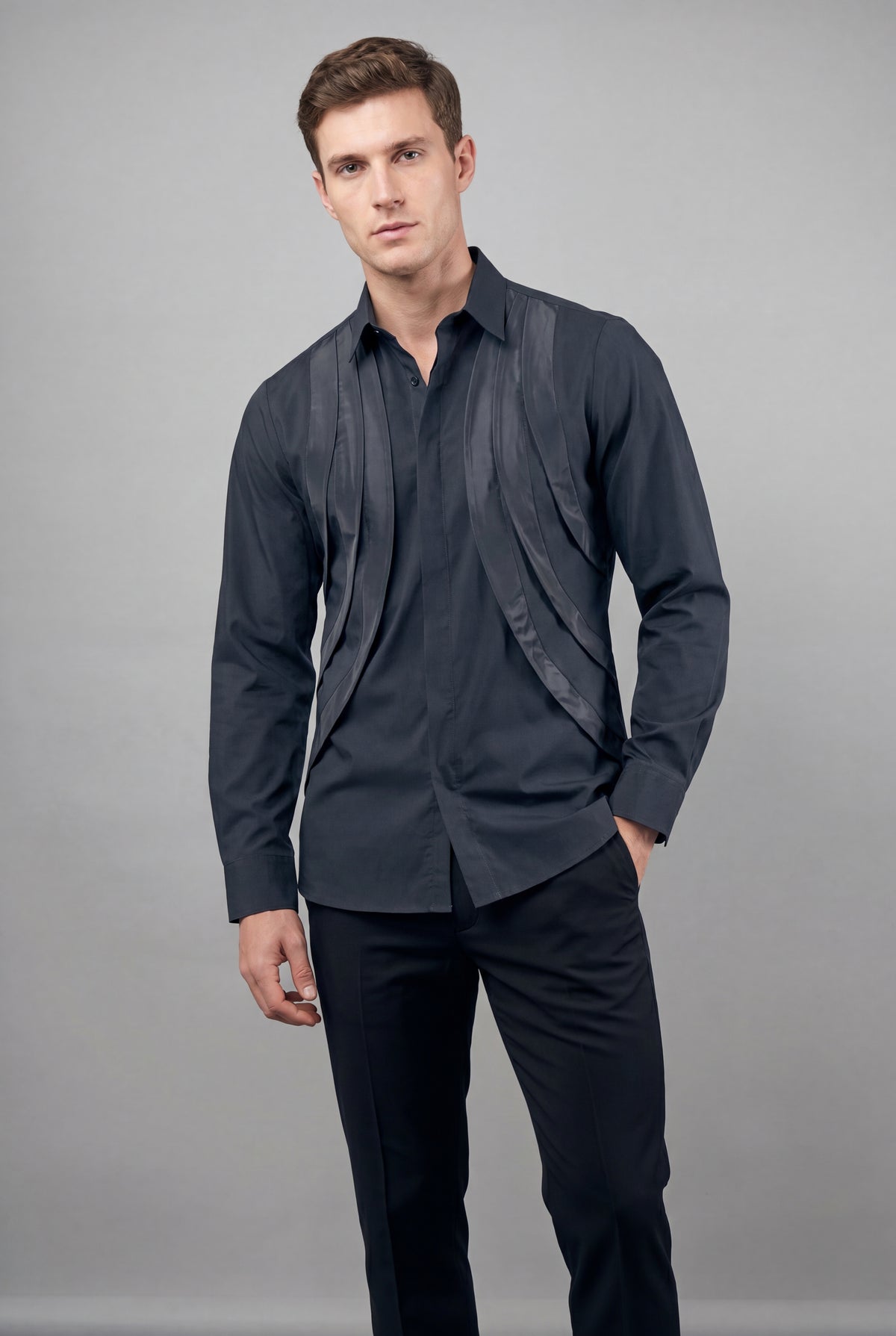 Three Line Black Shirt Draped Shirt | Avant-Garde Pleated Front Long Sleeve Dress Shirt