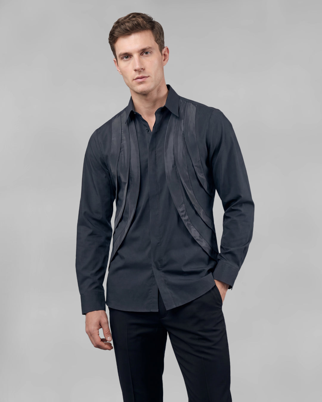 Three Line Black Shirt Draped Shirt | Avant-Garde Pleated Front Long Sleeve Dress Shirt