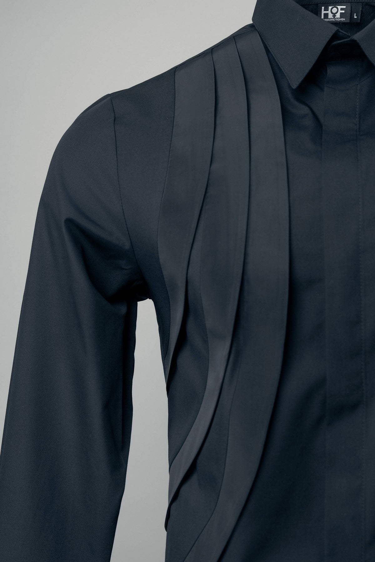 Three Line Black Shirt Draped Shirt | Avant-Garde Pleated Front Long Sleeve Dress Shirt