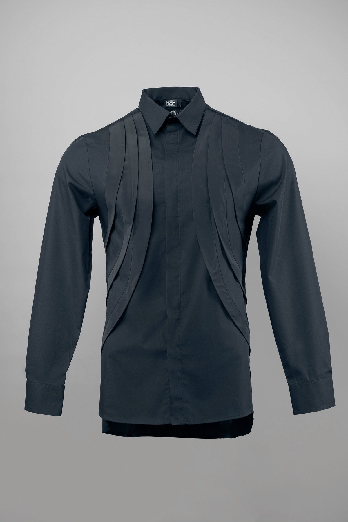 Three Line Black Shirt Draped Shirt | Avant-Garde Pleated Front Long Sleeve Dress Shirt